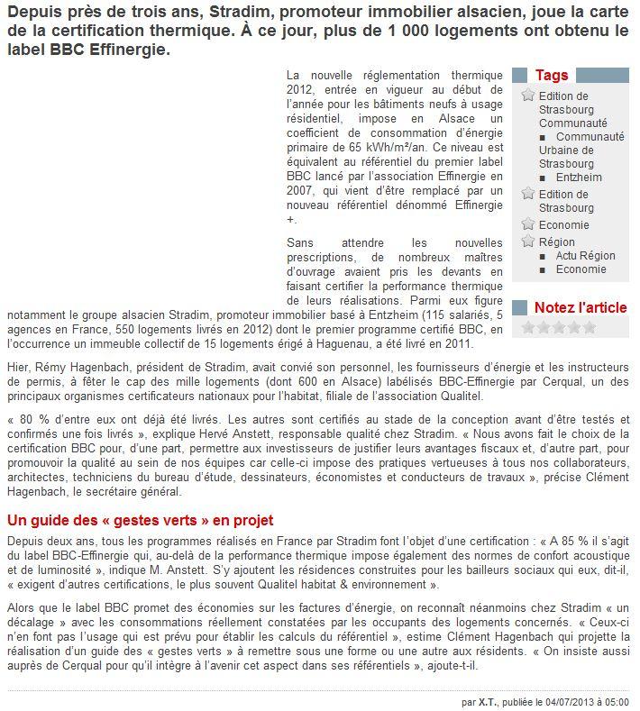 1000 ème logement Stradim certifié Cerqual